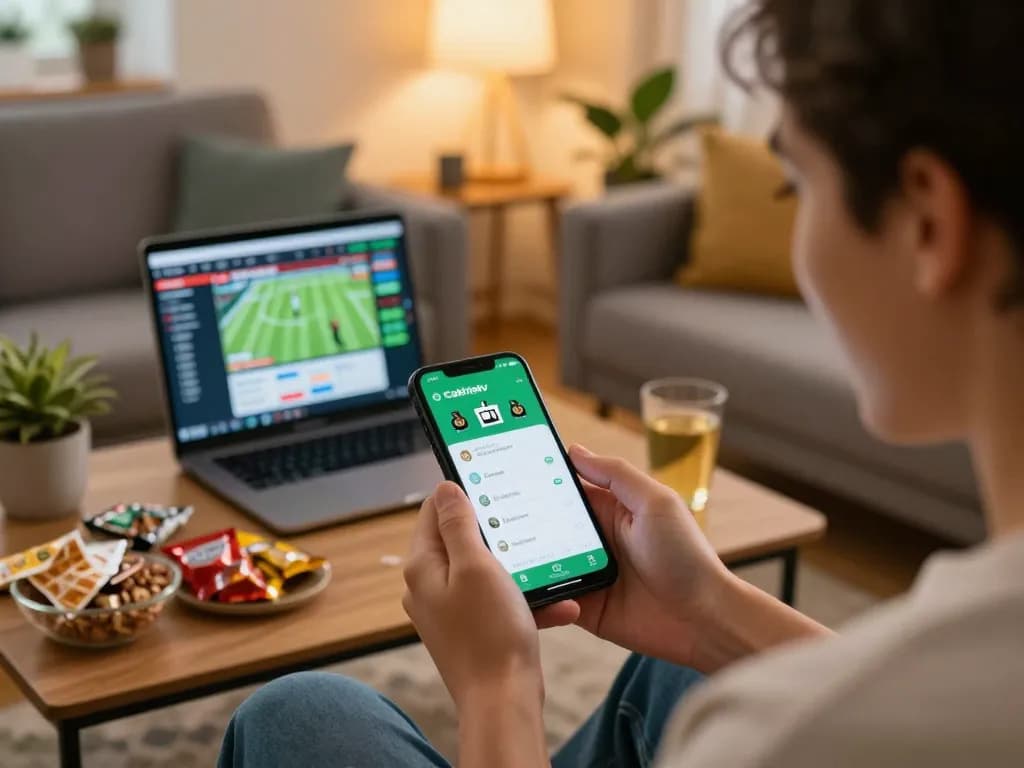 Engaged user placing a sports bet on Cakhiatv from home using smartphone, vibrant atmosphere and dynamic setting