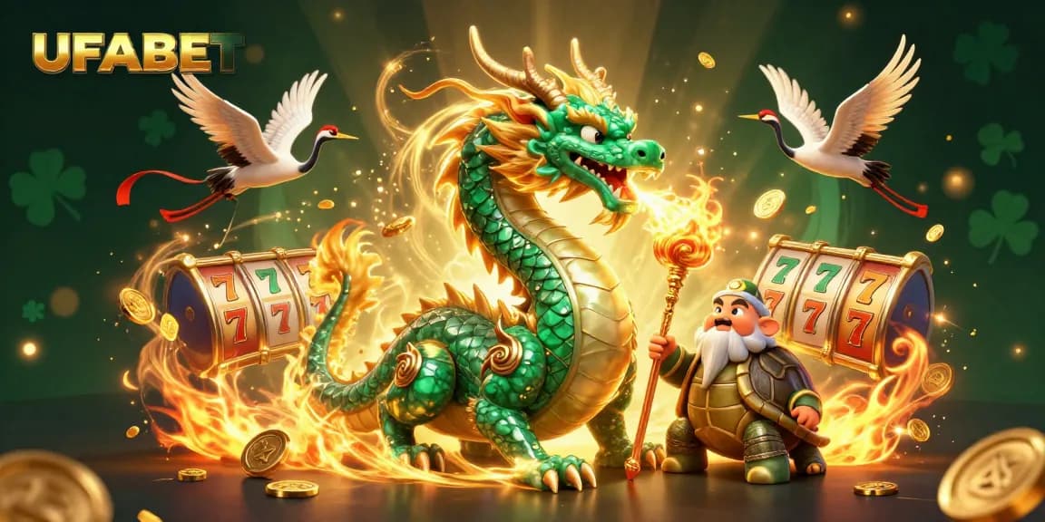Experience thrilling spins at UFABET with a captivating dragon and sage in a vibrant casino scene.