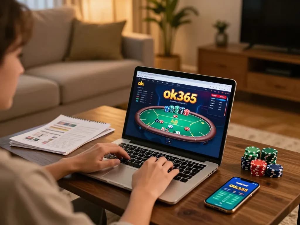 Player engaging with ok365 online casino on laptop, showcasing vibrant poker interface in a cozy home setup.