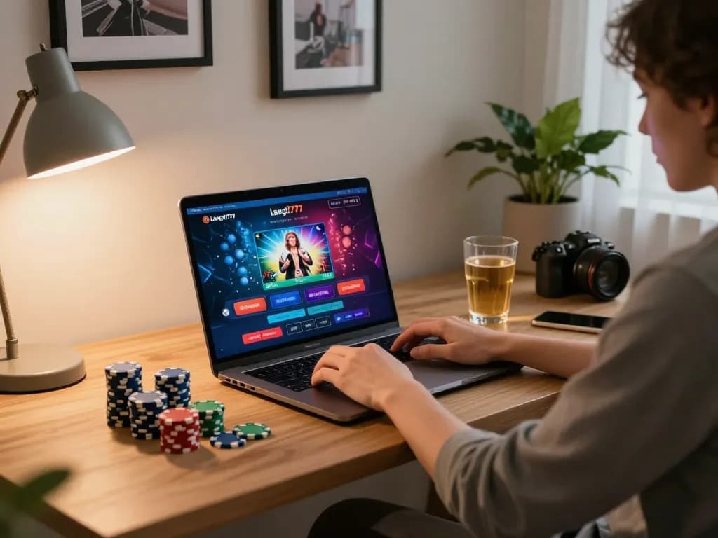 Engaging gameplay at langit777 casino on a modern laptop in a cozy home office environment.