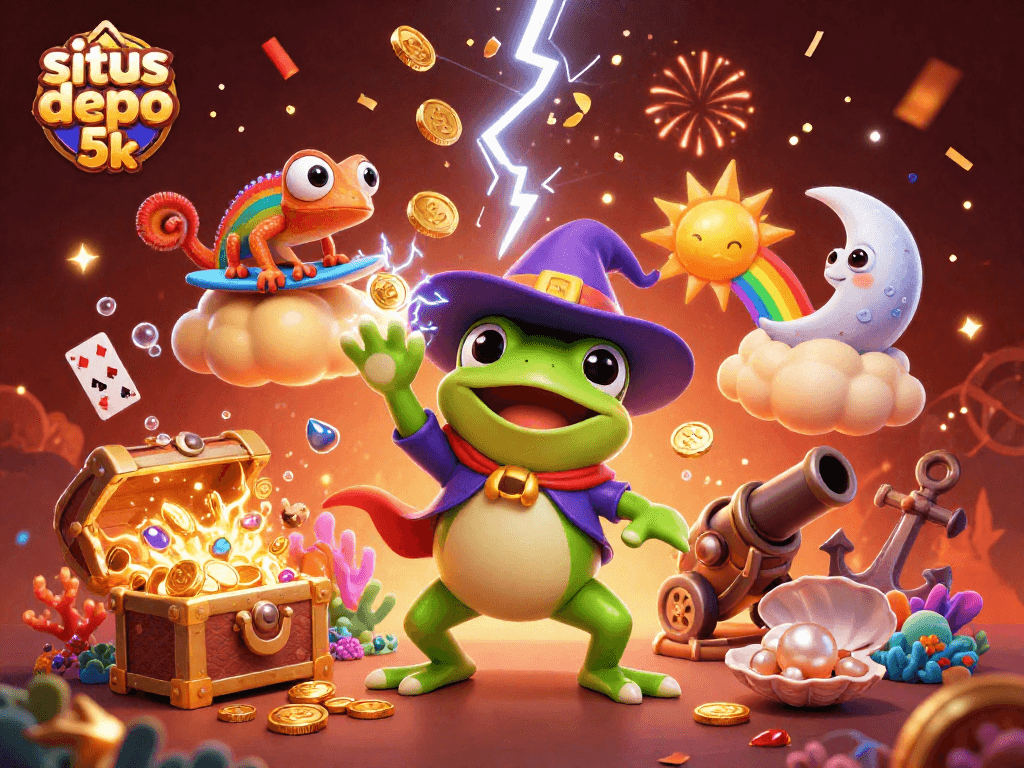 Experience excitement with situs depo 5k as a wizard frog creates a gold coin storm and chameleon surfs on a cloud.