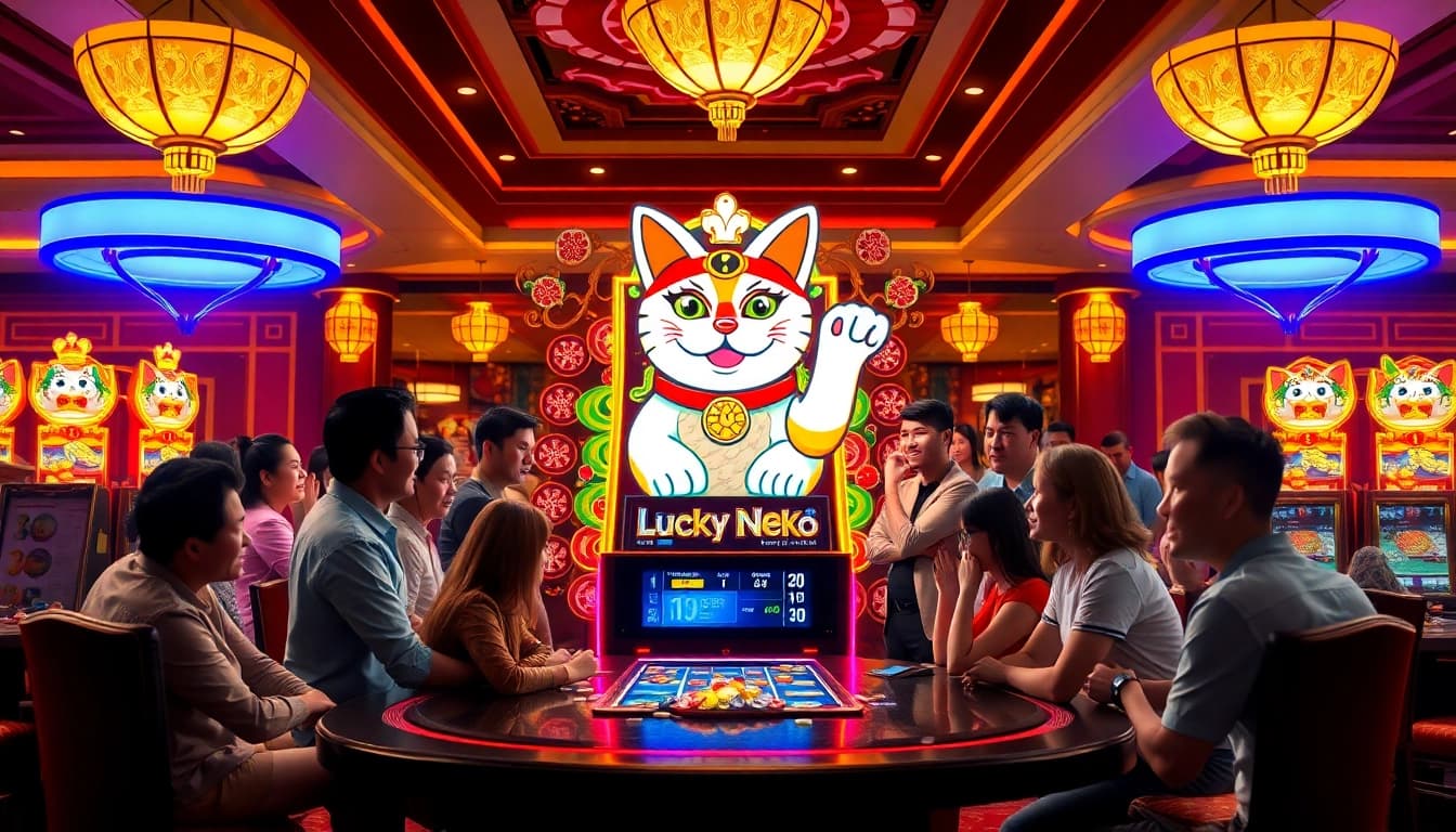 Spin the Lucky Neko PG Soft เล่นง่าย slot machine amidst a lively casino atmosphere for an exciting gaming experience.