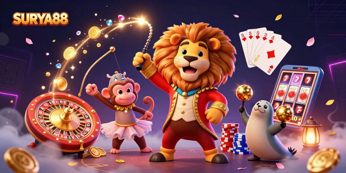 SURYA88 captivates players with vibrant 3D casino illustration of fun characters and thrilling games.