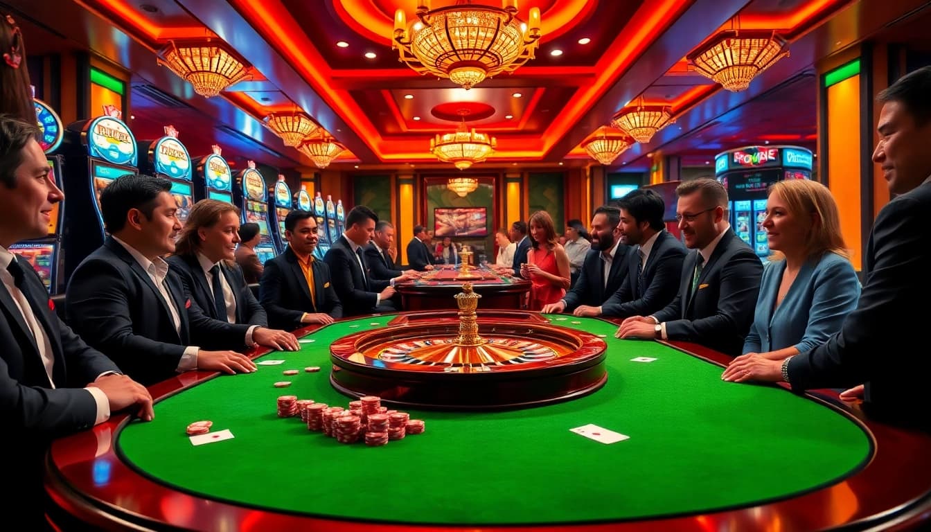 Players enjoying their time at Go 8 casino table with vibrant gaming elements.