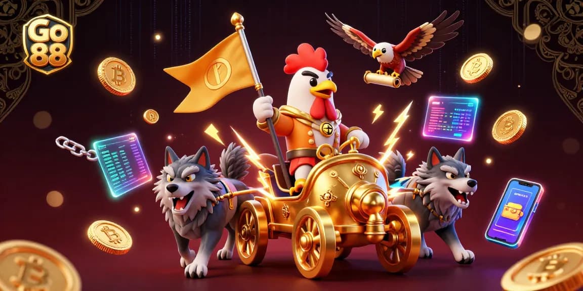 Engage with Go 88 in a dynamic 3D casino scene filled with crypto elements and vibrant energy.