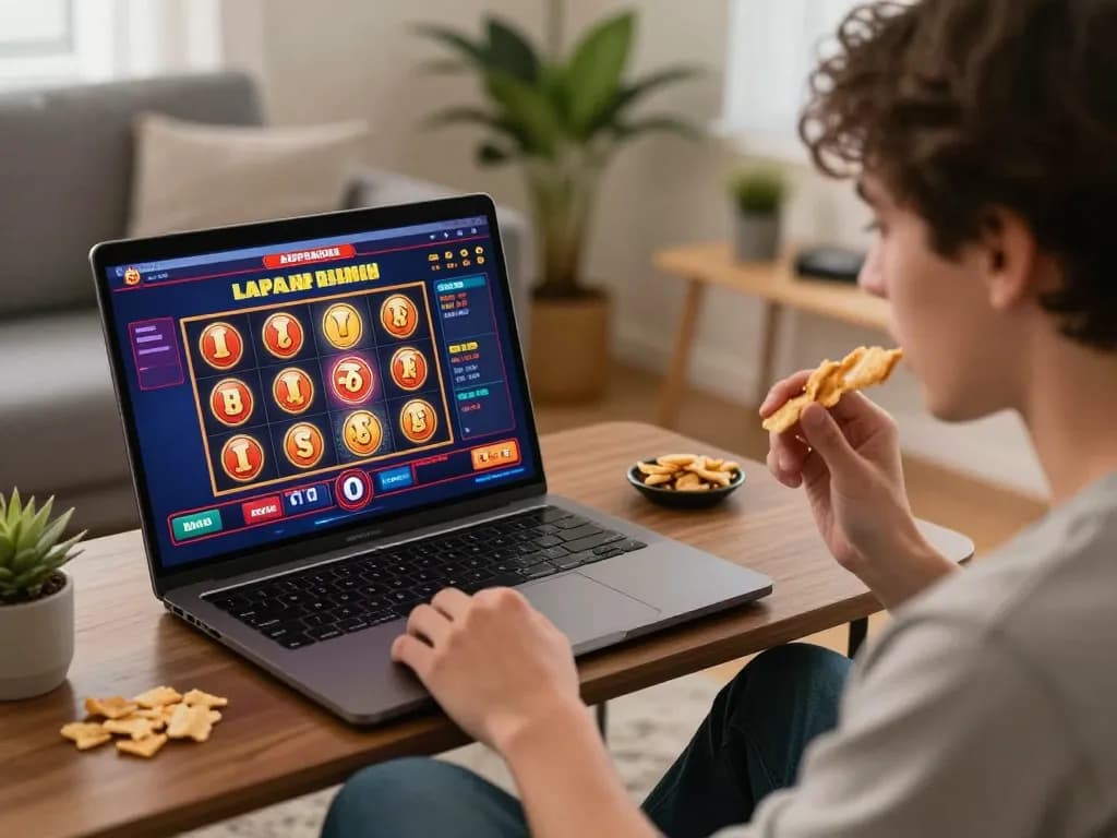 Pemain terlibat dengan permainan mesin slot online di laptop dalam suasana rumah yang nyaman.