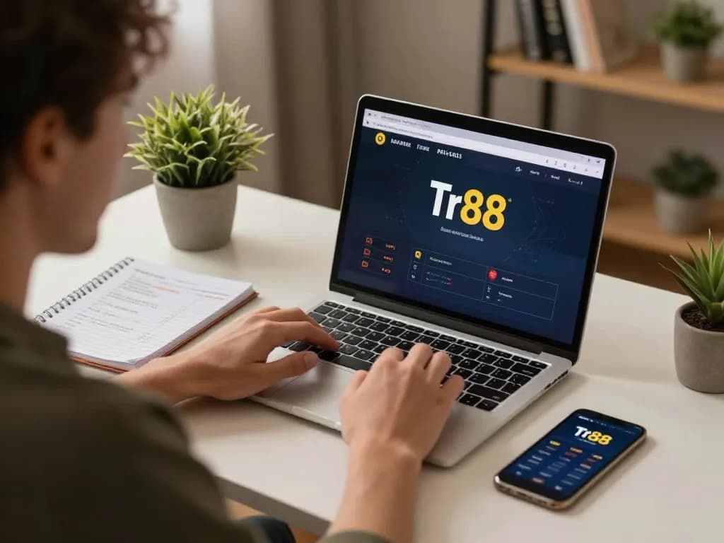 Engaging player analyzing Tr88 betting interface with strategic notes at home.