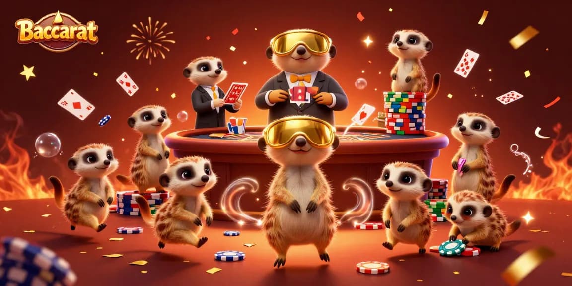 Baccarat scene with meerkats managing a colorful casino, showcasing dynamic gameplay and festive elements.