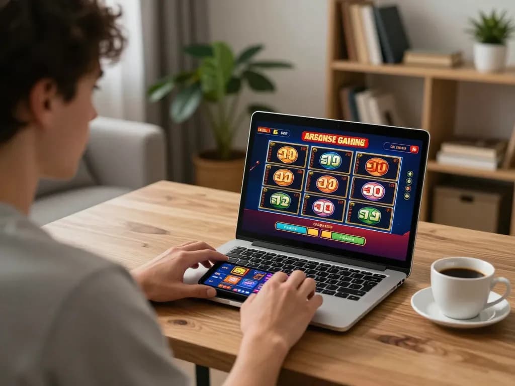 Tg88 trang chủ gaming on laptop and smartphone with cheerful player engaging in responsible online casino action.
