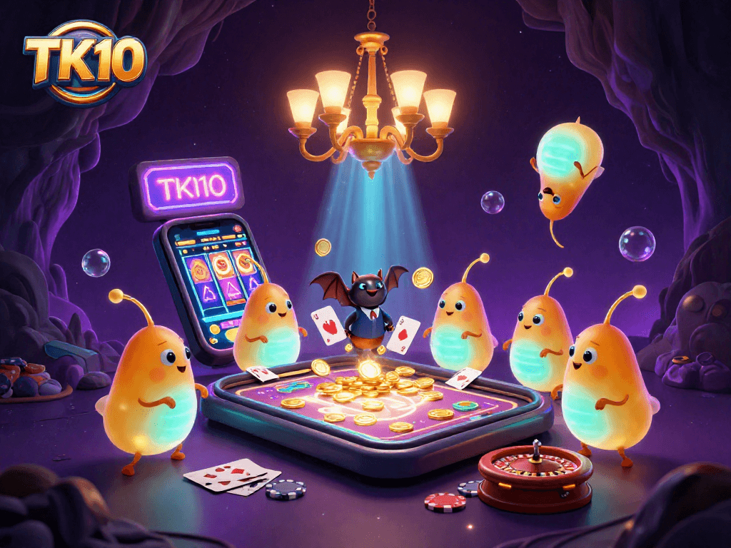 Engage in thrilling betting experiences with TK10's animated casino scene showcasing vibrant games and dynamic elements.