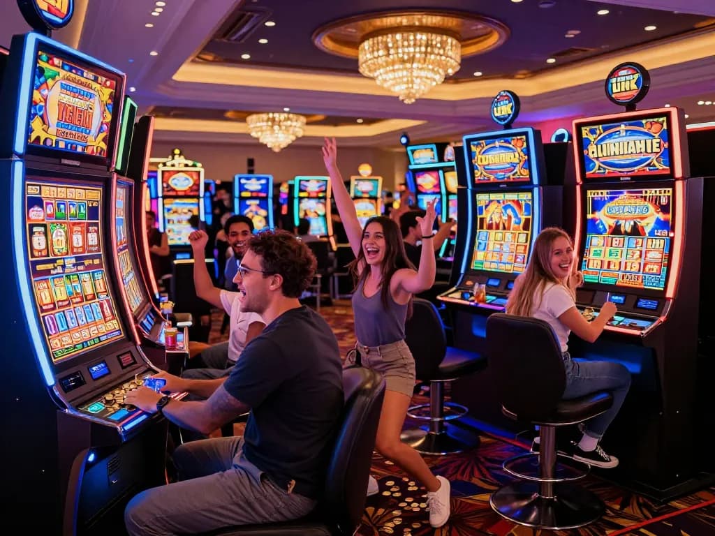 Joyful friends celebrating a win at a link slot machine in an energetic casino scene
