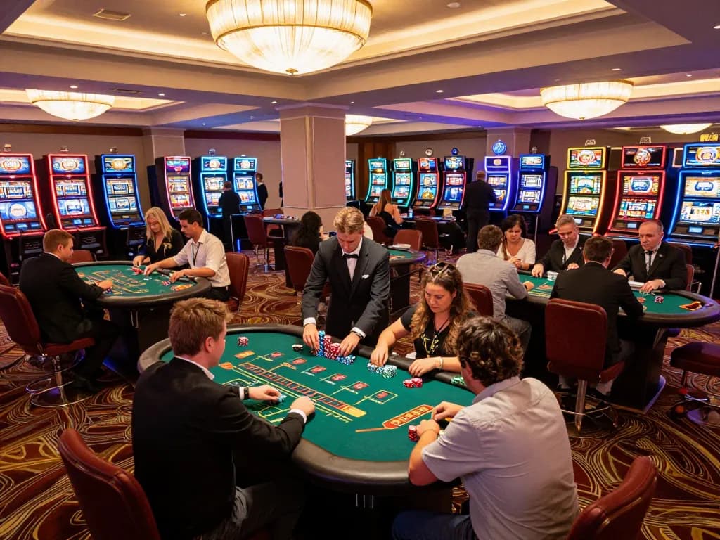 Players engaging in strategic gameplay at nhà cái ww88 casino, featuring green felt blackjack tables and vibrant atmosphere