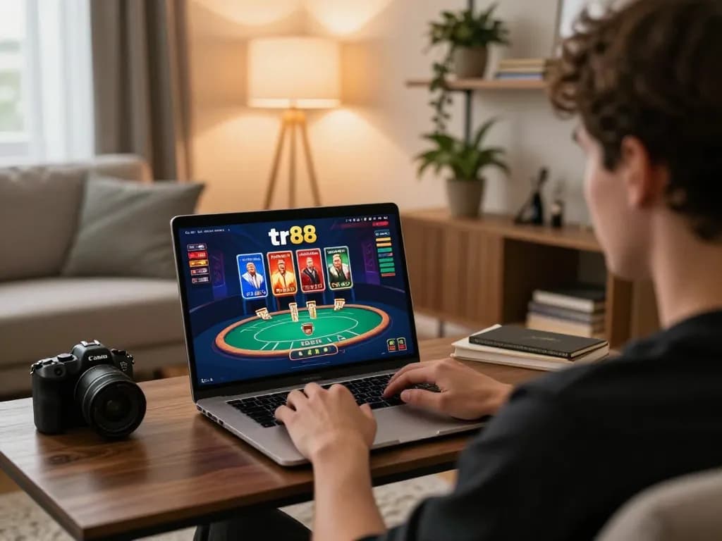 Engaging in online gaming on tr88 platform with cozy home setup and strategic atmosphere