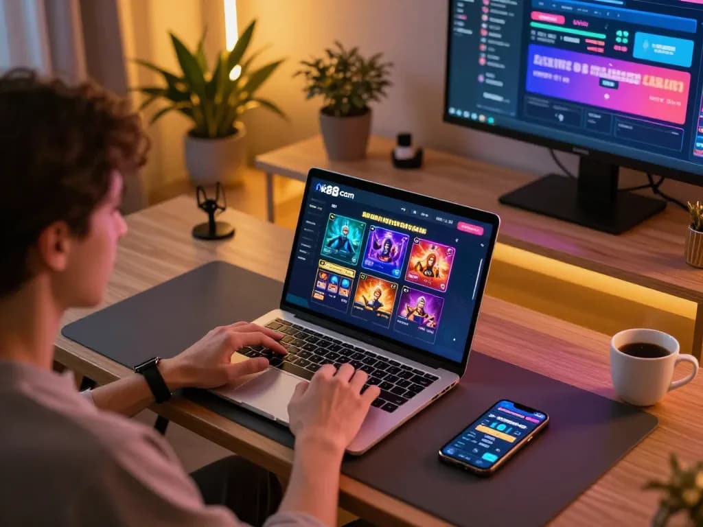 Engaging in gameplay on Nk88 com casino app at a cozy home gaming setup