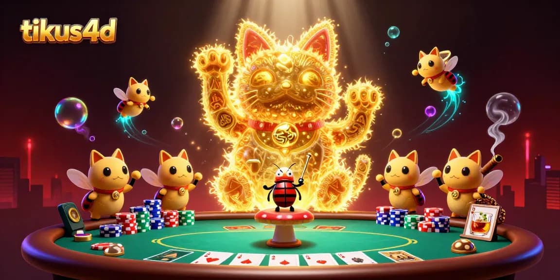 Play exciting games at tikus4d where golden fireflies create a lucky cat amidst vibrant casino symbols.