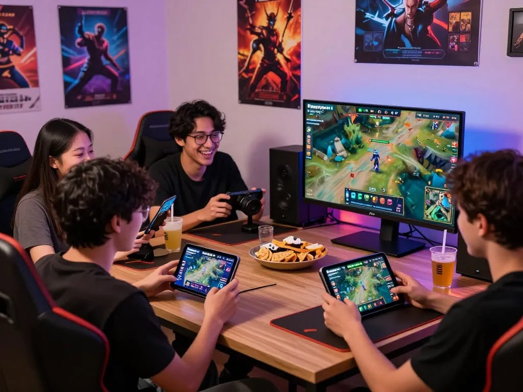 Gamers enjoying the Panen178 app on mobile devices at https://www.achildsdreamnursery.com/ in a vibrant gaming setup.