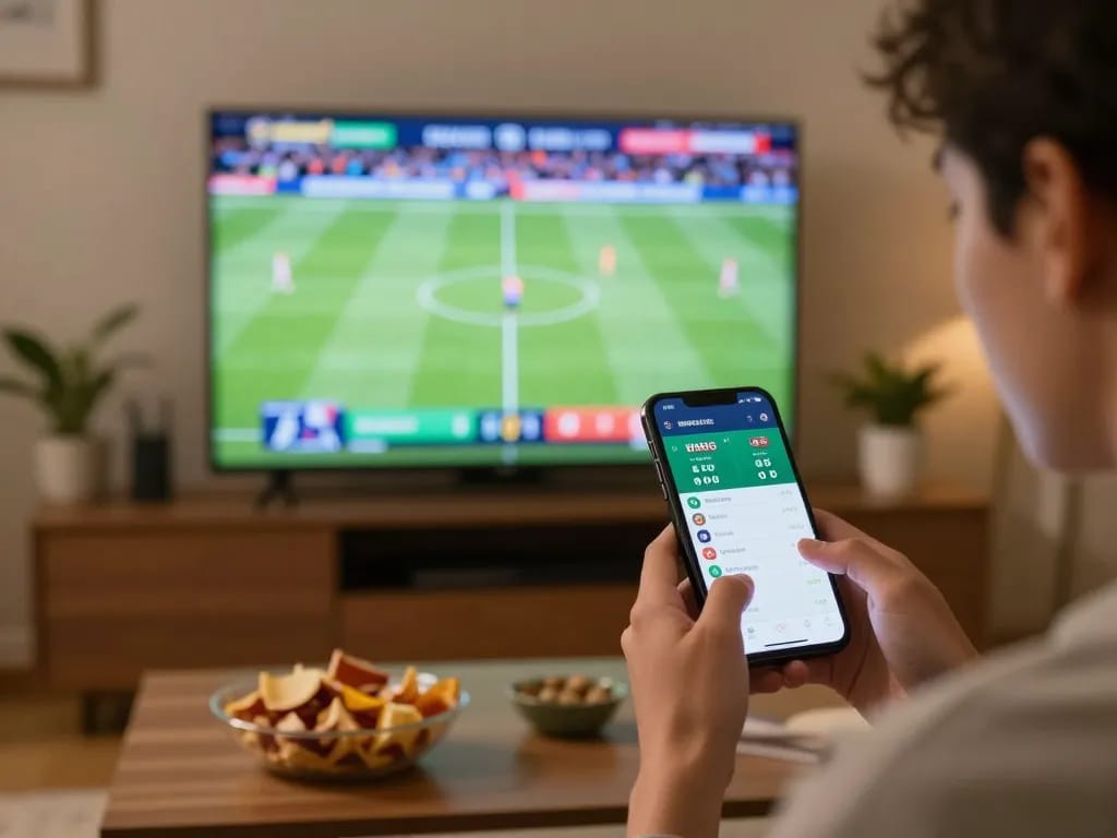 Engaging online sports betting scene with digitalgamesprices displayed on smartphone while tracking live scores.