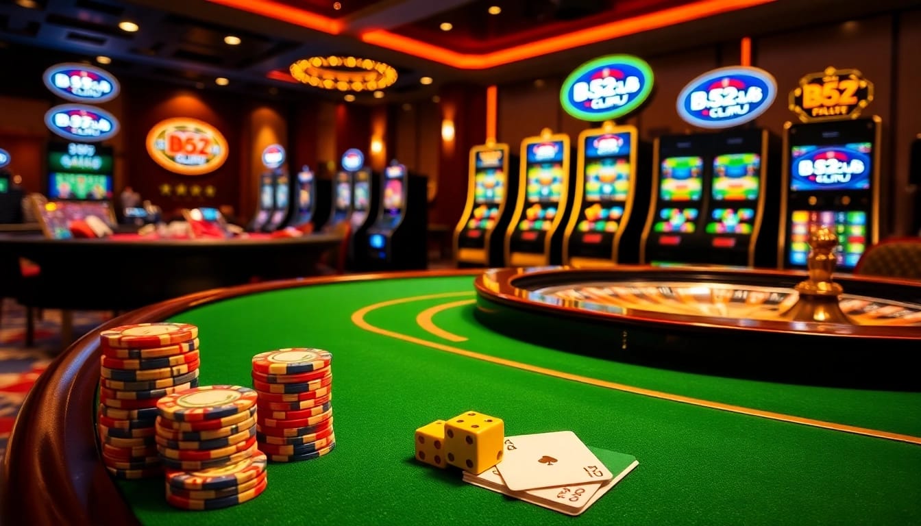 Players enjoying immersive gambling experiences at B52club casino, featuring vibrant slot machines and poker tables.