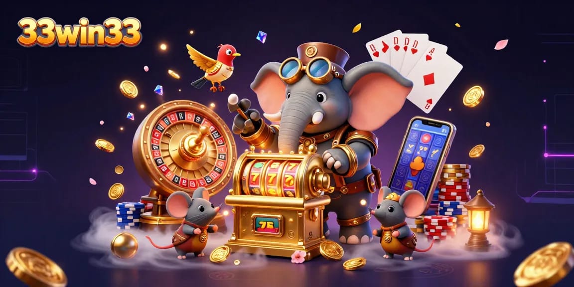 Experience the excitement of 33win33 with a dynamic steampunk-themed casino scene featuring an elephant engineer and vibrant gaming elements.