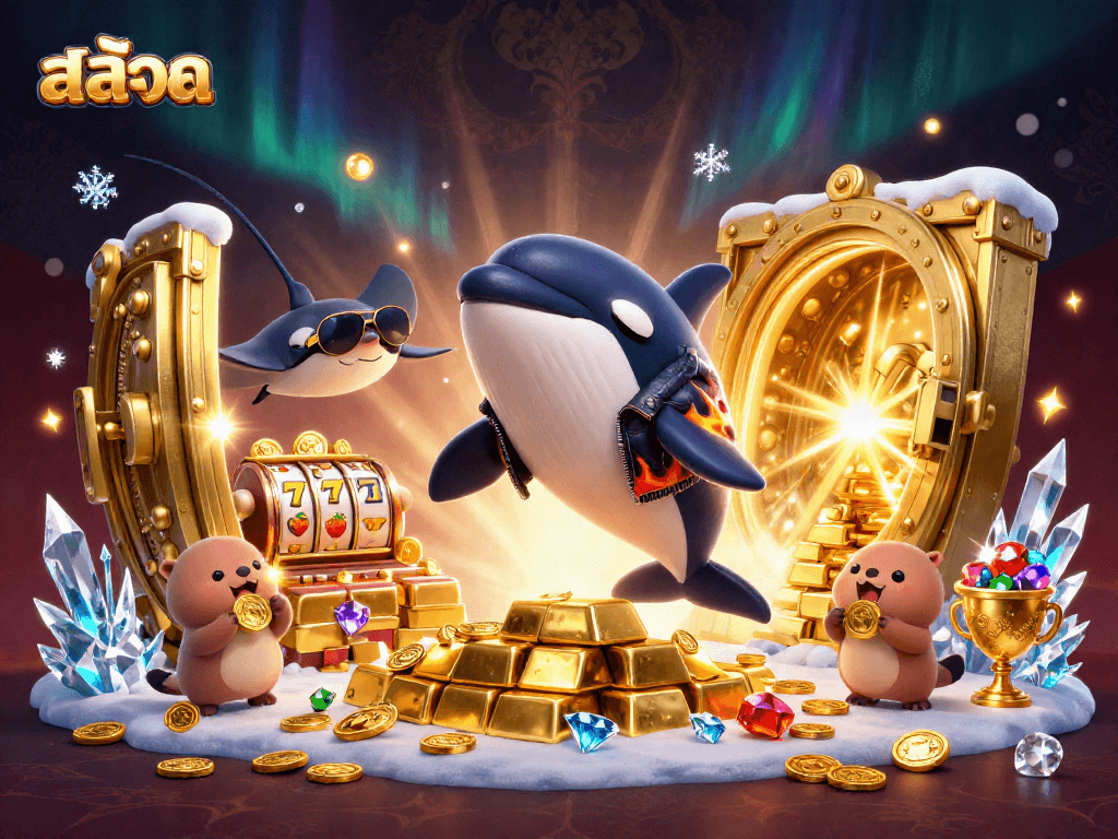 Win big with สล็อต in this vibrant 3D scene featuring dynamic casino elements and playful sea creatures.