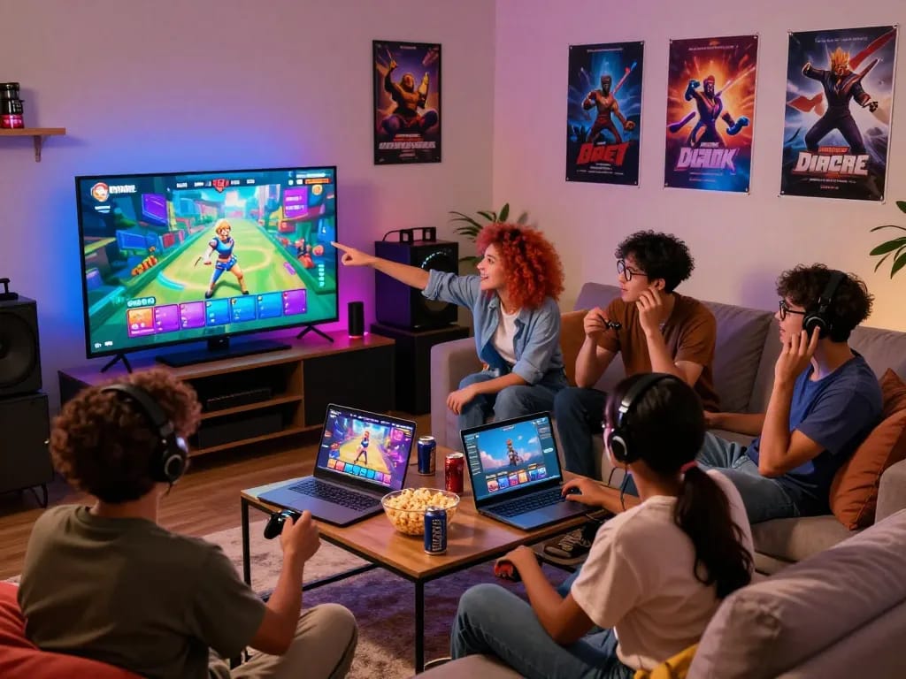 Friends enjoying free porn games on a large screen in a vibrant gaming room setting.