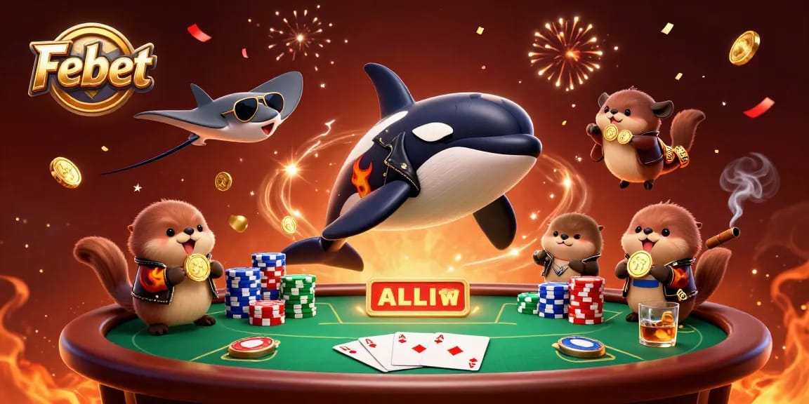 Experience winning at Febet with a vibrant casino scene featuring playful sea creatures and poker elements.
