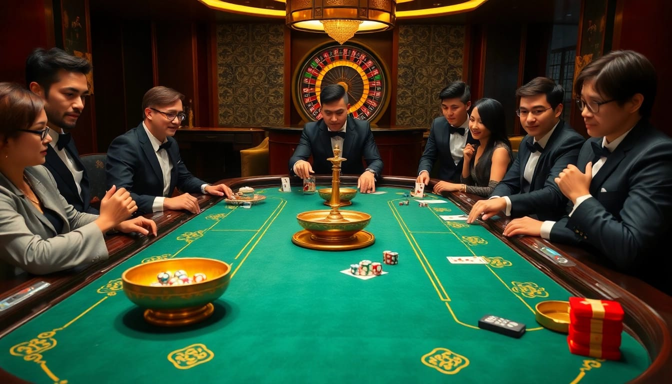 Xocdia88 gaming table immersed in a professional casino atmosphere, showcasing players in action.
