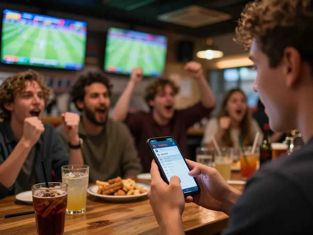 Checking tỷ lệ kèo bóng đá hôm nay during a live match at a lively sports bar