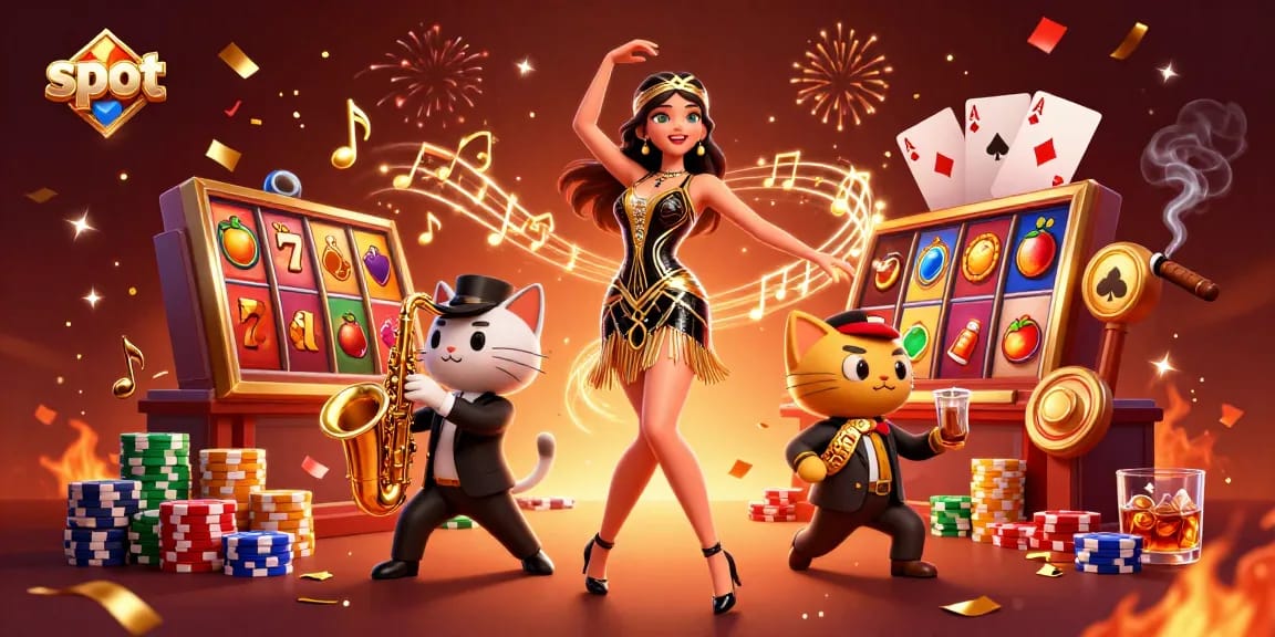 Spinning slot reels and a flapper dancer celebrating wins at a vibrant casino scene.