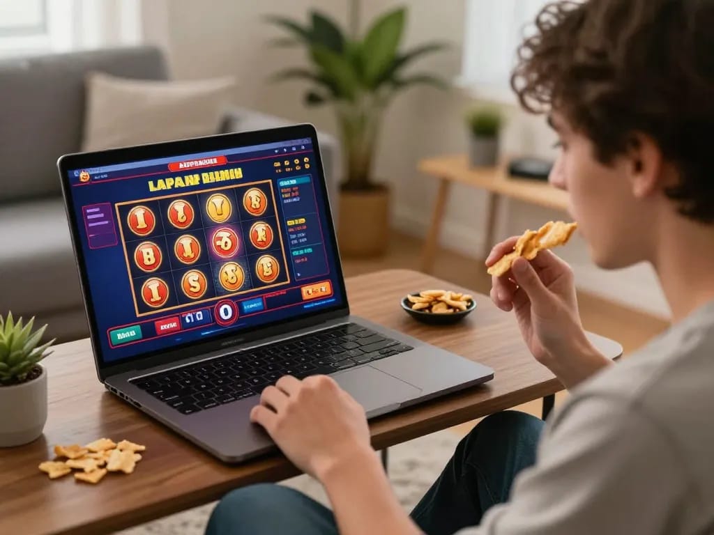 Pemain terlibat dengan permainan mesin slot online di laptop dalam suasana rumah yang nyaman.