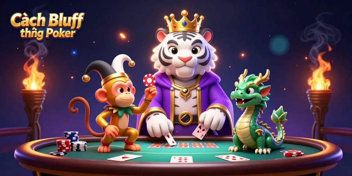 Engage in Cách Bluff trong Poker with a vibrant 3D scene featuring animated characters and dynamic gaming elements.