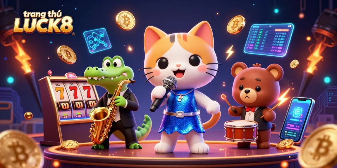 Experience the vibrant atmosphere of trang chủ LUCK8, showcasing exciting slot games, jazz performers, and crypto elements.
