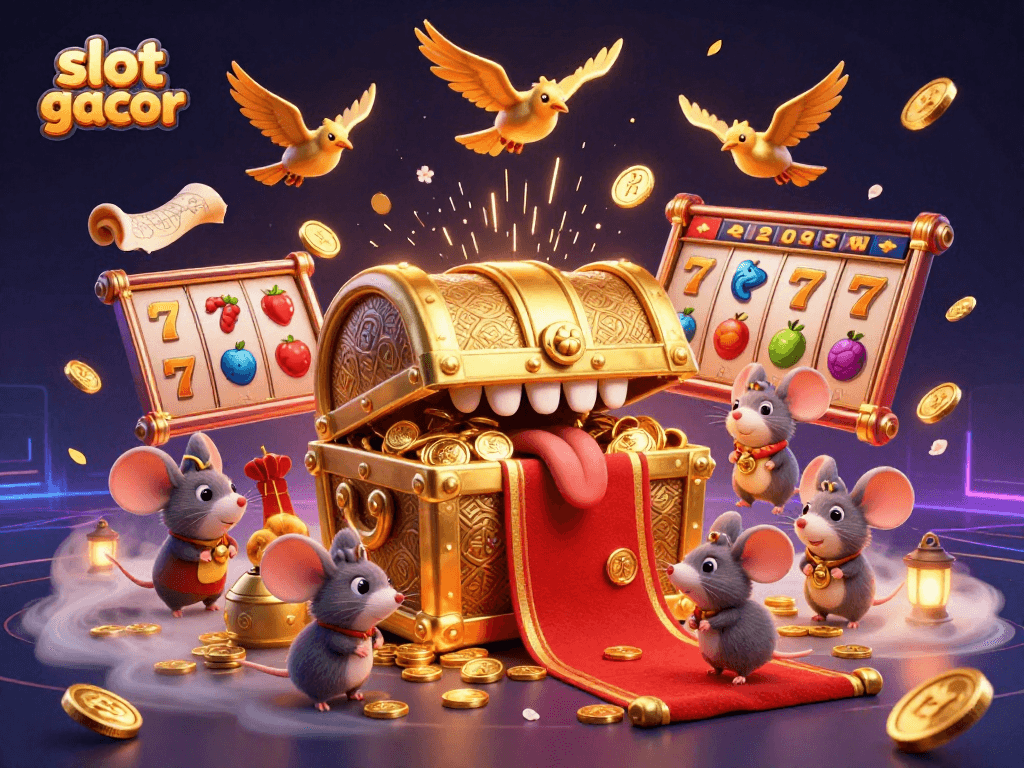 Engage with slot gacor dynamics through a vibrant 3D treasure scene filled with animated casino elements.
