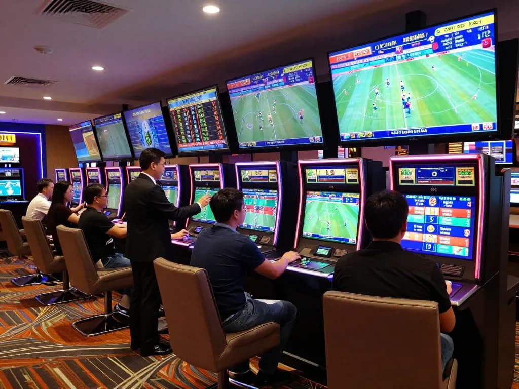 Engaged sports fans placing bets with kèo nhà cái in a modern casino's lively betting area