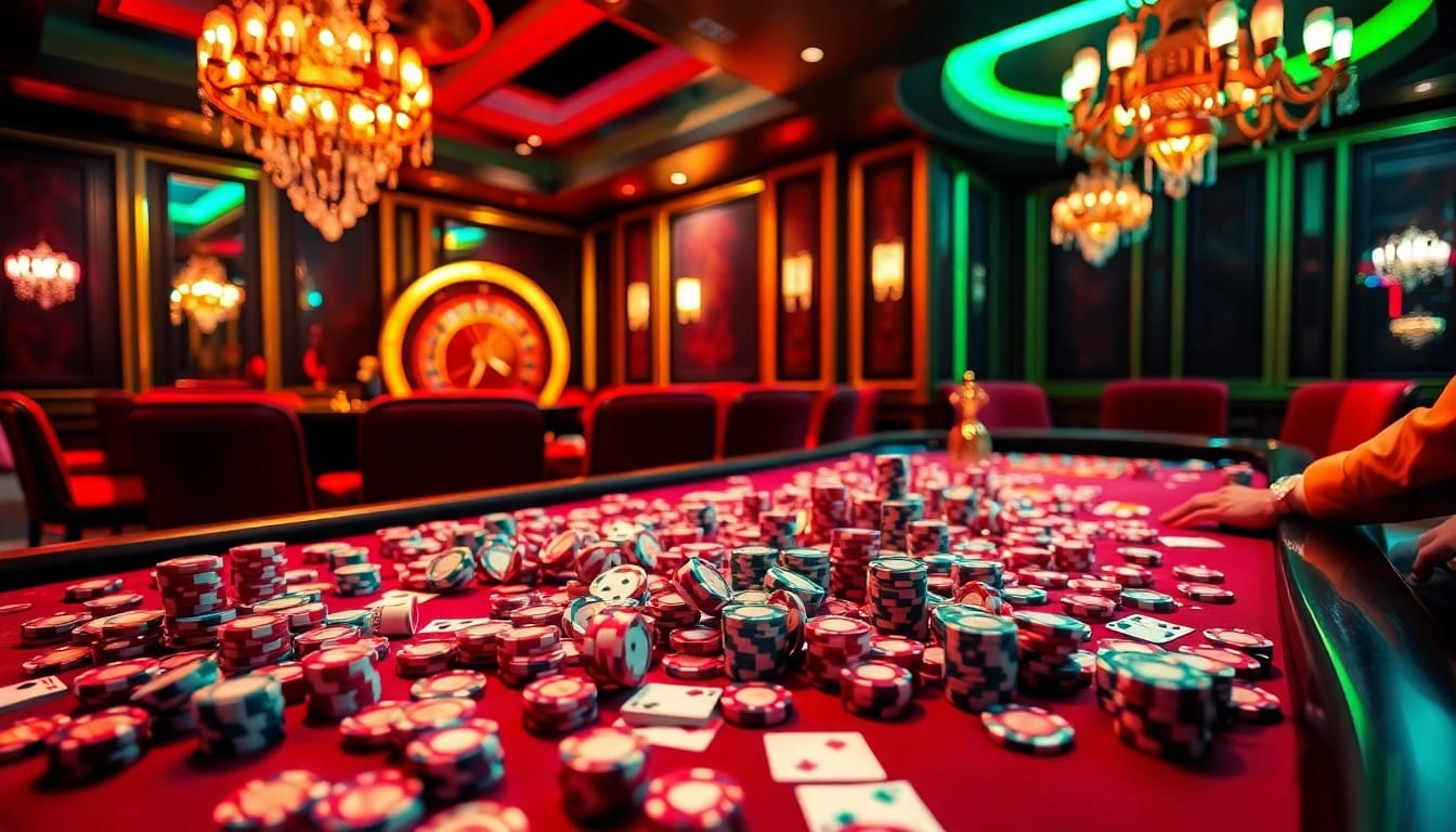 Players eagerly placing bets at a vibrant haywin casino table filled with poker chips and cards.