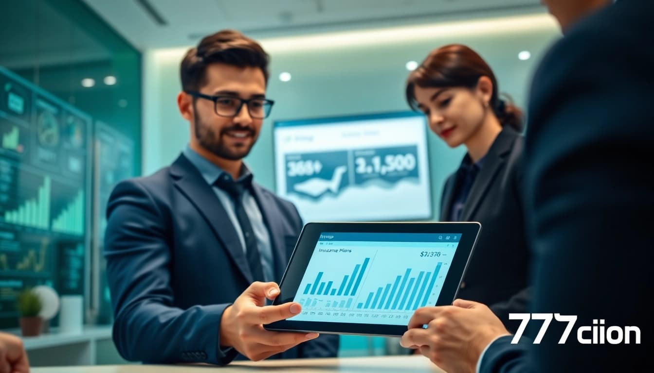 Scène professionnelle présentant 79king hn dans un bureau financier moderne avec des outils d’assurance numériques
