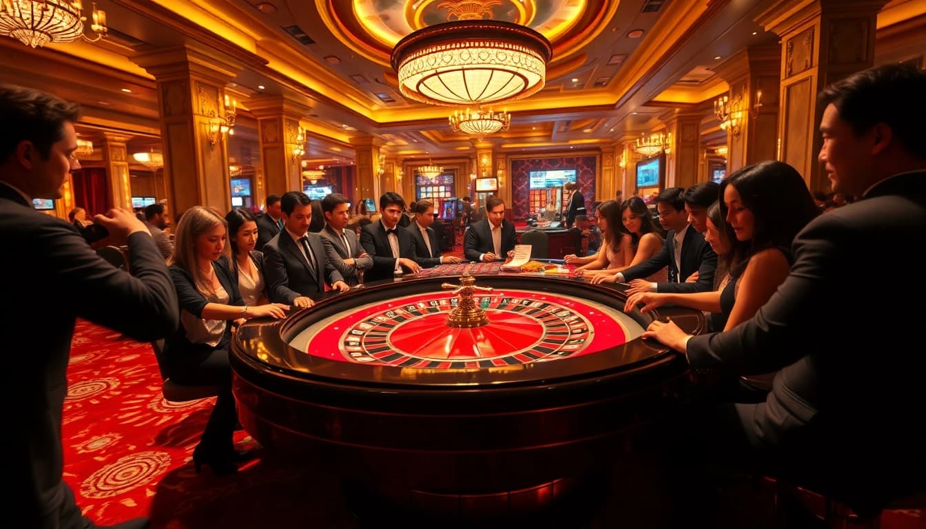 Situs toto menawarkan pengalaman kasino menarik dengan pemain yang bahagia di meja roulette.