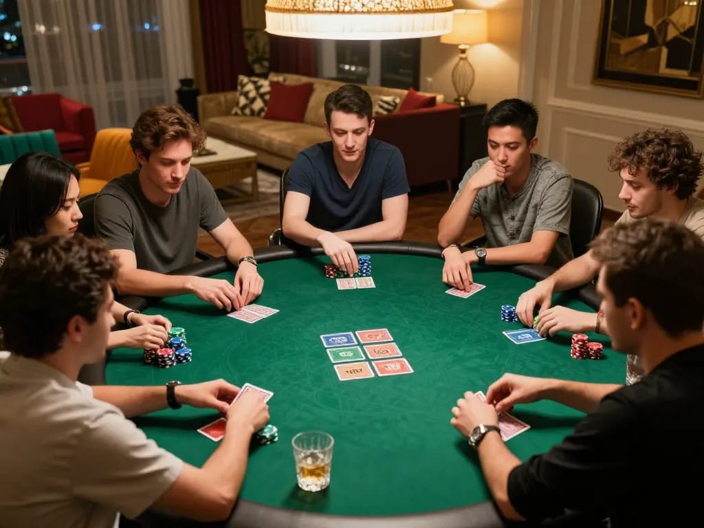 Players engaged in an intense poker game, showcasing f8beta2's thrilling gambling experience in an upscale home setting.