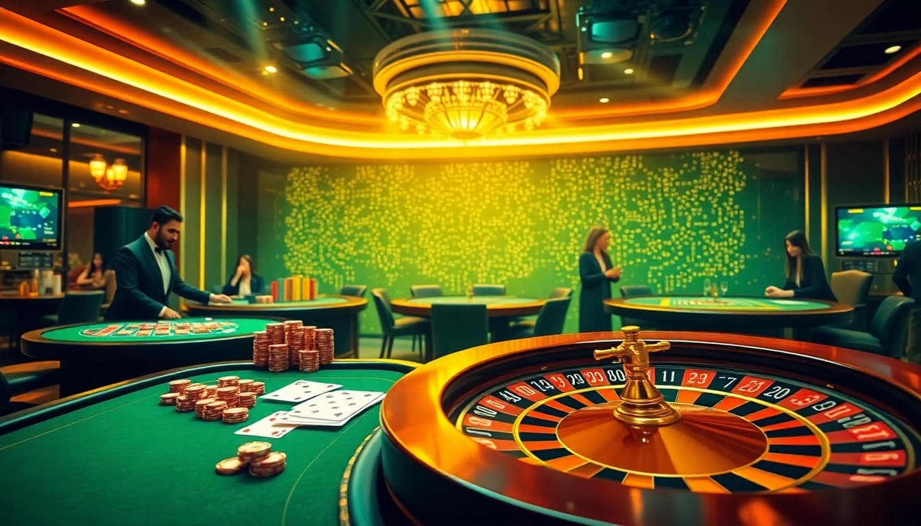 An engaging casino scene showcasing ok365cc with lively poker action and a colorful gambling ambiance.