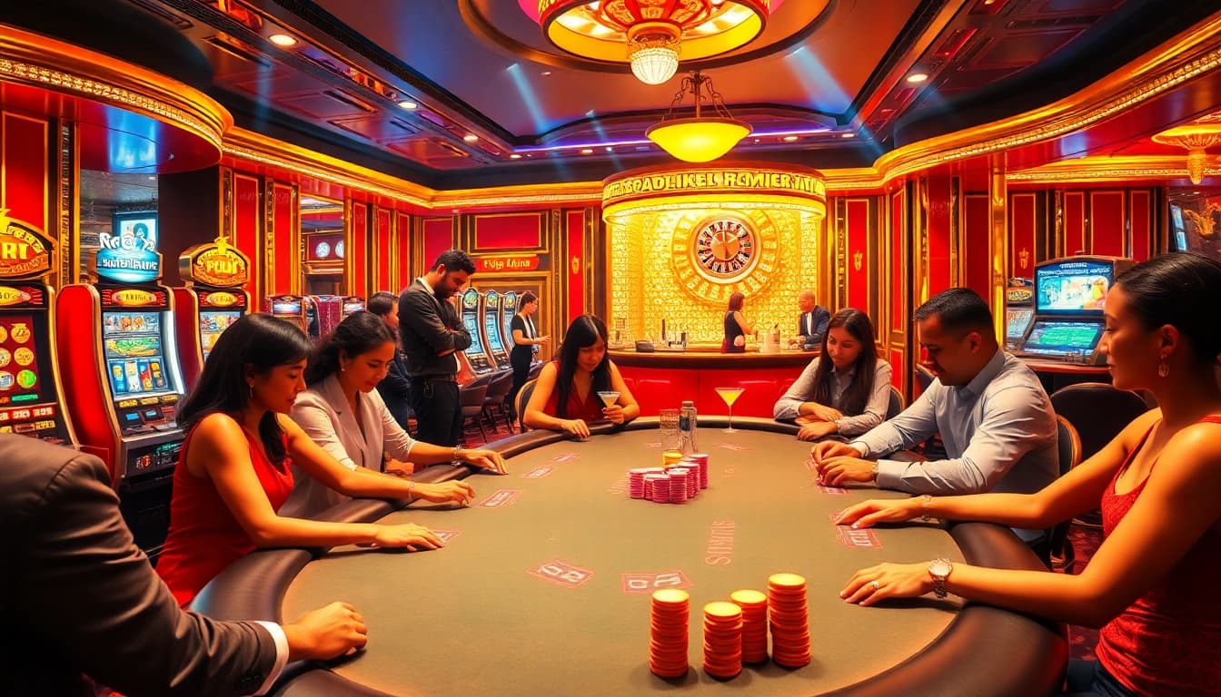 S8 club casino scene showcasing poker tables and vibrant slot machines in a luxurious setting