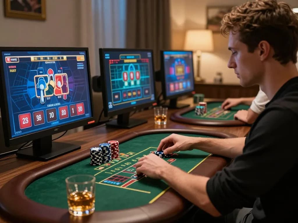 TD88 player focused on a live casino game on multiple screens, showcasing strategic betting.