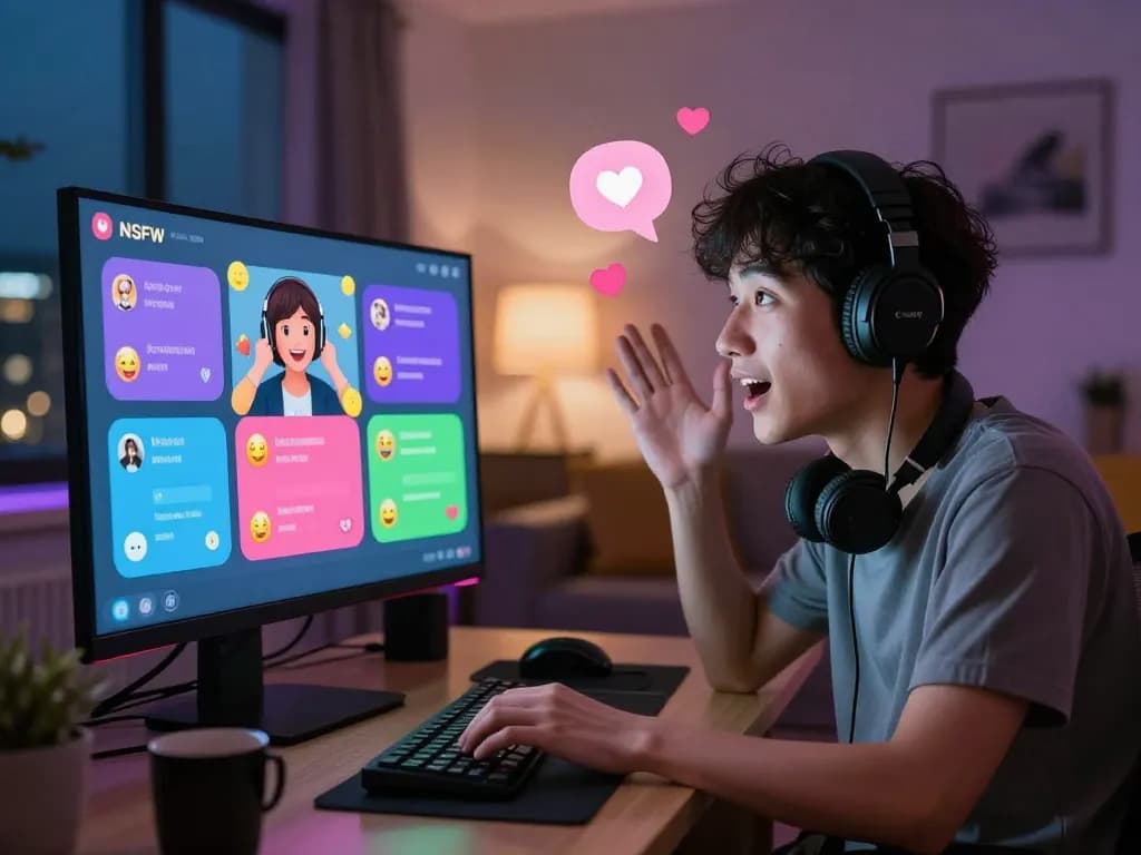 Engaging user immersed in an NSFW chat with a virtual character in a lively digital environment.