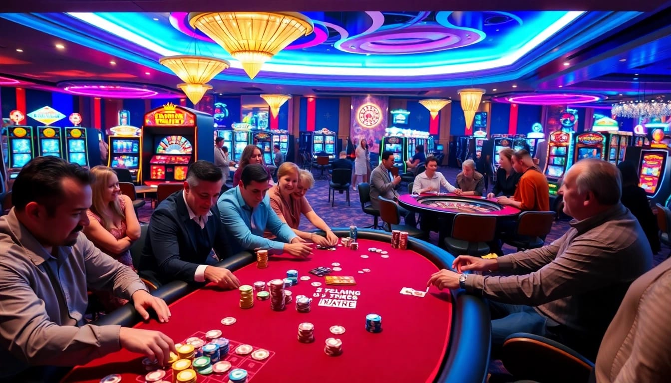 Gamblers enjoying the excitement of casino games at https://xx88tv.com/, with poker chips and vibrant slot machines.