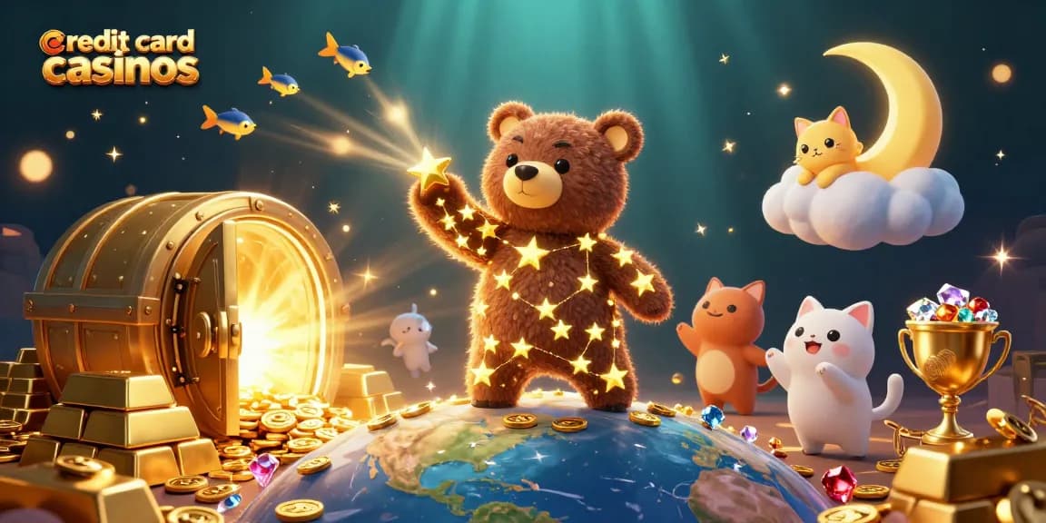Experience the thrill of credit card casinos with a constellation bear collecting treasures.