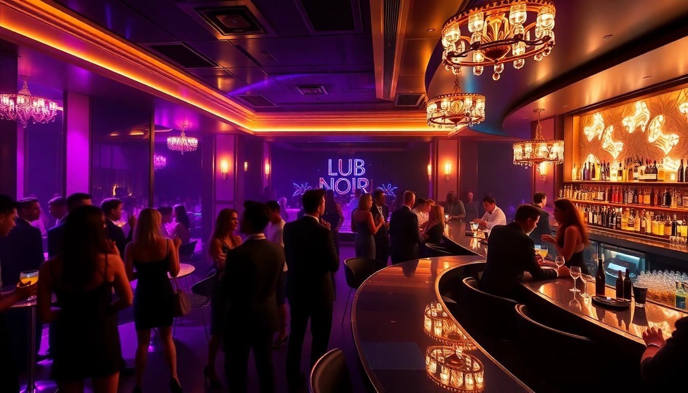 Night club sxm experience at Club Noir with stylish patrons enjoying cocktails and live performances.