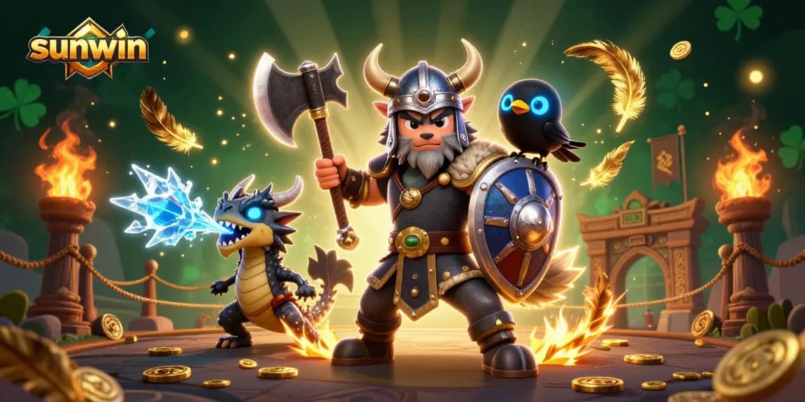 Experience exciting gameplay at sunwin with a Viking warrior and fierce dragon in an engaging casino scene.