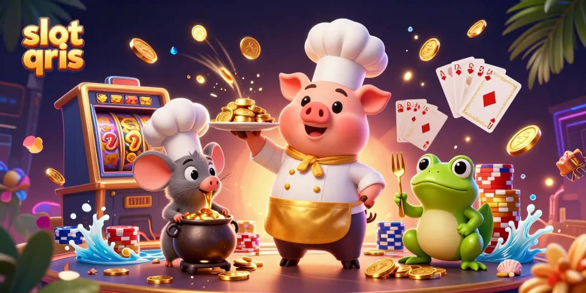 Spin with excitement at slot qris, featuring a gourmet chef pig serving gold coins amidst vibrant casino elements.