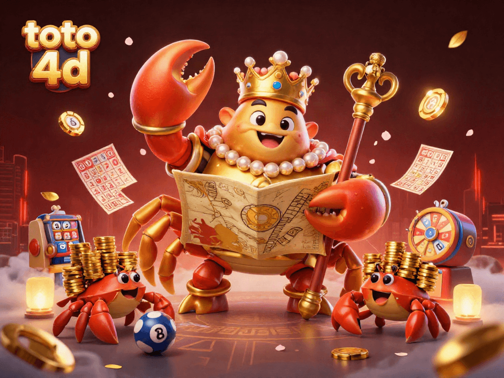 Play toto 4d with a vibrant 3D illustration featuring a golden crab emperor and lottery elements.