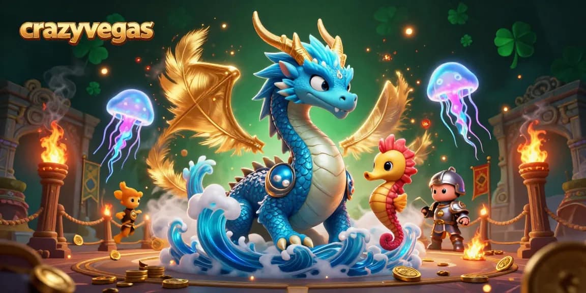 Experience winning strategies with crazyvegas in a vibrant online casino scene featuring a dragon and seahorse knight.