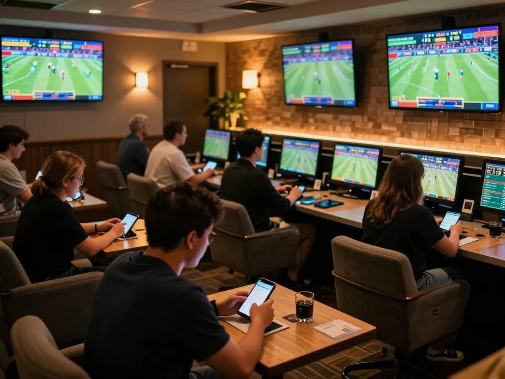 Tỷ lệ kèo nhà cái showcased in a lively sports betting lounge with engaged bettors placing bets
